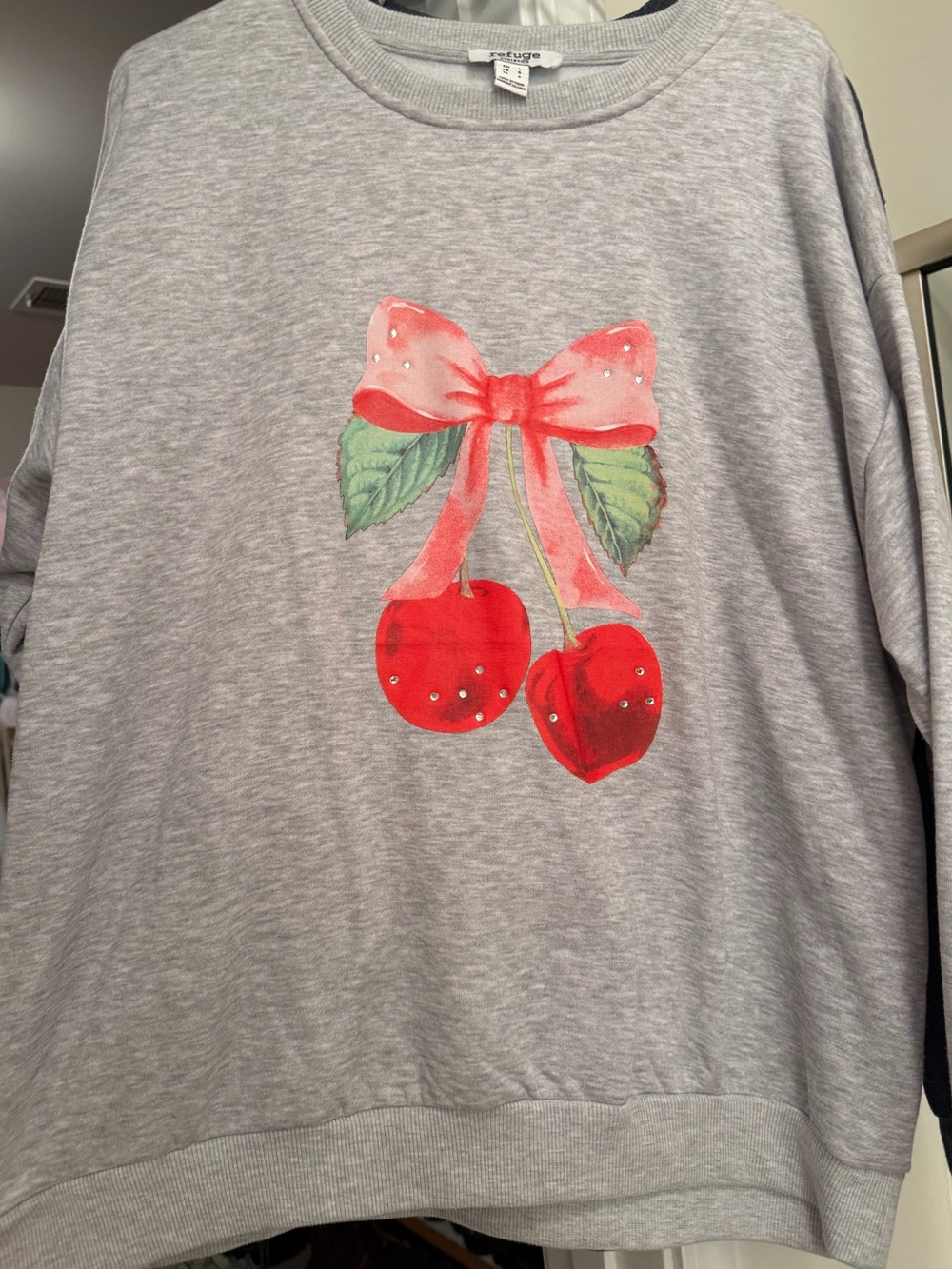 refuge Gray Sweatshirt with Red Cherry and Pink Bow Size Large